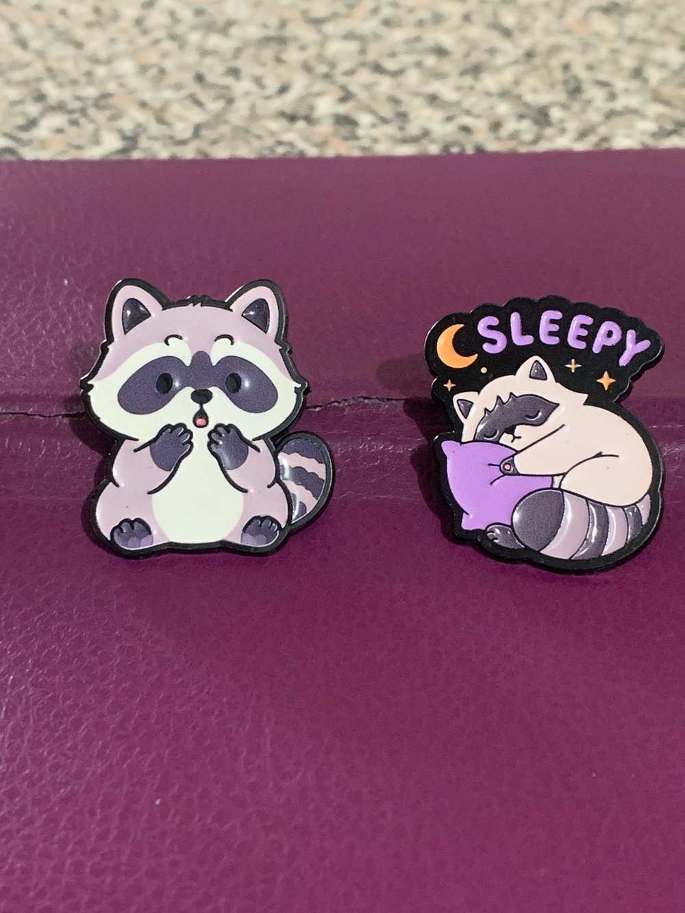 Cute Purple Raccoon Enamel Pins - Sleepy and Surprise Designs
